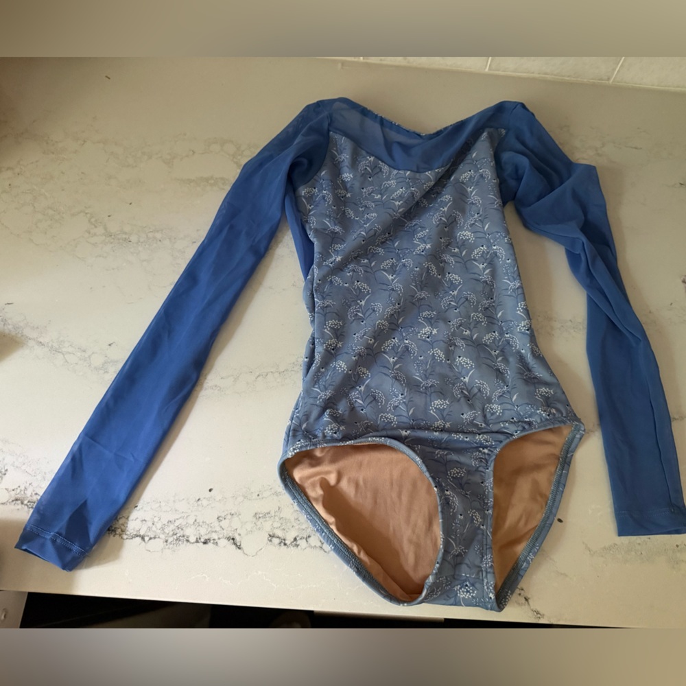 Blue girls ballet long sleeve leotard  - mesh lily of the valley  -large